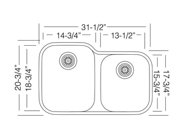 32 inch Stainless Steel Undermount Large Double 60/40 Low Divider Bowl Kitchen Sink - Classic 32L 60/40 - Sink Depot